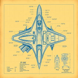 A detailed, technical blueprint of an F-35 fighter jet, showcasing various components such as the fuselage, wings, engines, and landing gear