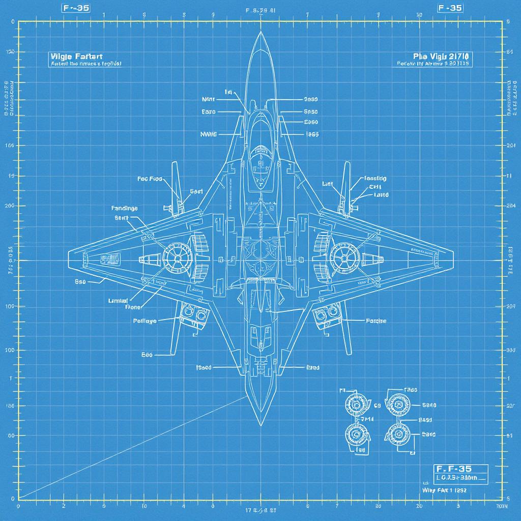 A detailed, technical blueprint of an F-35 fighter jet, showcasing various components such as the fuselage, wings, engines, and landing gear