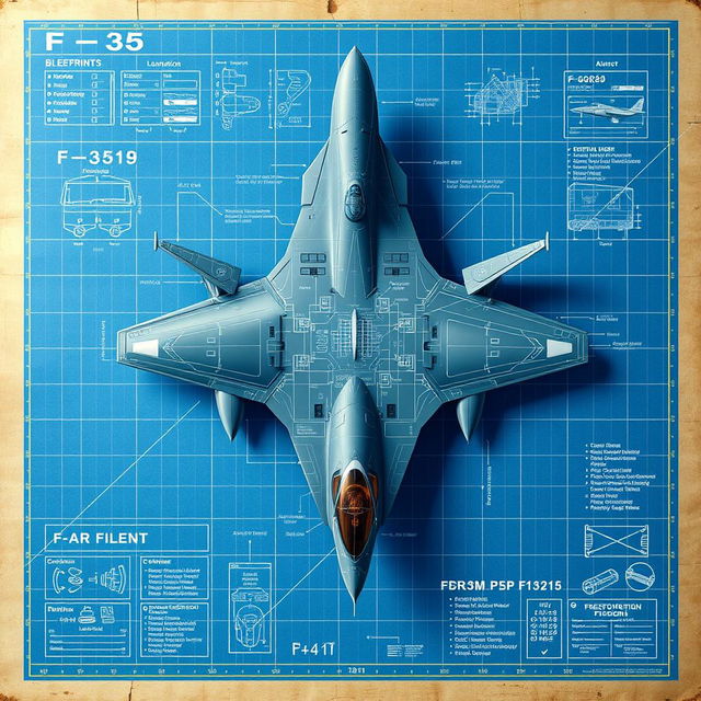 A detailed, technical blueprint of an F-35 fighter jet, showcasing various components such as the fuselage, wings, engines, and landing gear