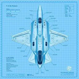 A detailed, technical blueprint of an F-35 fighter jet, showcasing various components such as the fuselage, wings, engines, and landing gear