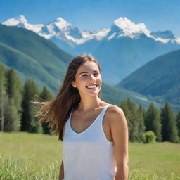 An elegant girl with a radiant smile, standing in front of a breathtaking panorama of nature, complete with lush forests, clear blue skies, and mountain peaks.