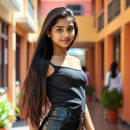 A stylish 15-year-old Indian school girl wearing tight latex leather jeans that accentuate her figure