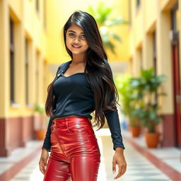 A stylish 15-year-old Indian school girl wearing tight latex leather jeans that accentuate her figure