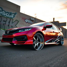 A striking low rider Honda Civic, customized with a sleek, modern design and lowered suspension