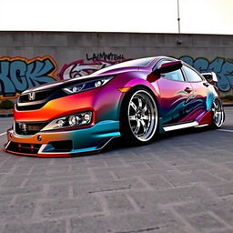 A striking low rider Honda Civic, customized with a sleek, modern design and lowered suspension