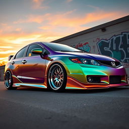 A striking low rider Honda Civic, customized with a sleek, modern design and lowered suspension