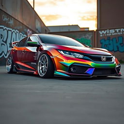 A striking low rider Honda Civic, customized with a sleek, modern design and lowered suspension