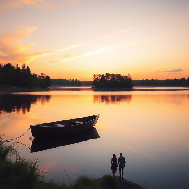 A serene landscape featuring a tranquil lake reflecting the vibrant colors of a sunset, with soft orange and pink hues in the sky