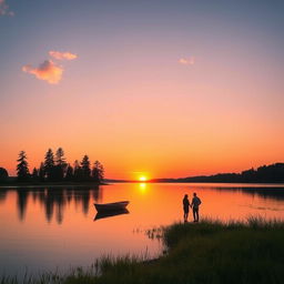 A serene landscape featuring a tranquil lake reflecting the vibrant colors of a sunset, with soft orange and pink hues in the sky