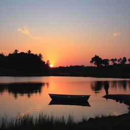 A serene landscape featuring a tranquil lake reflecting the vibrant colors of a sunset, with soft orange and pink hues in the sky