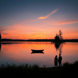 A serene landscape featuring a tranquil lake reflecting the vibrant colors of a sunset, with soft orange and pink hues in the sky