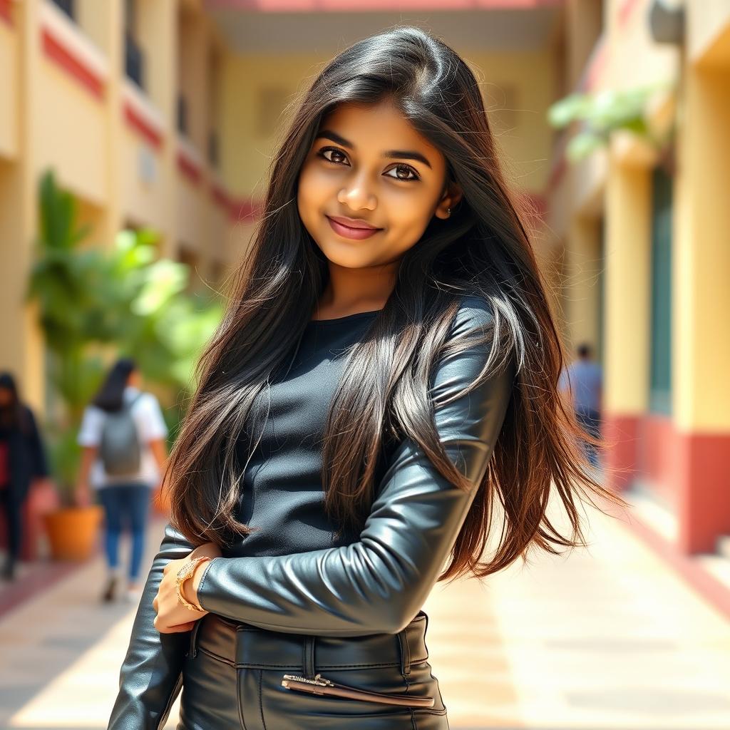 A stylish Indian school girl around 14 years old wearing tight latex leather jeans