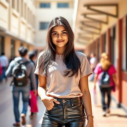 A stylish Indian school girl around 14 years old wearing tight latex leather jeans