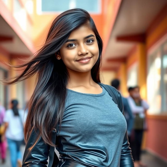 A stylish Indian school girl around 14 years old wearing tight latex leather jeans