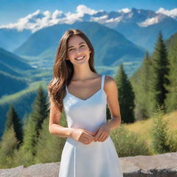 An elegant girl with a radiant smile, standing in front of a breathtaking panorama of nature, complete with lush forests, clear blue skies, and mountain peaks.