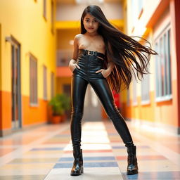 A 14-year-old Indian school girl dressed in tight latex leather jeans paired with stylish black boots