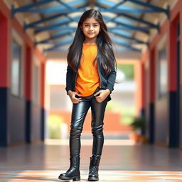 A 14-year-old Indian school girl dressed in tight latex leather jeans paired with stylish black boots