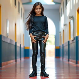 A 14-year-old Indian school girl dressed in tight latex leather jeans paired with stylish black boots