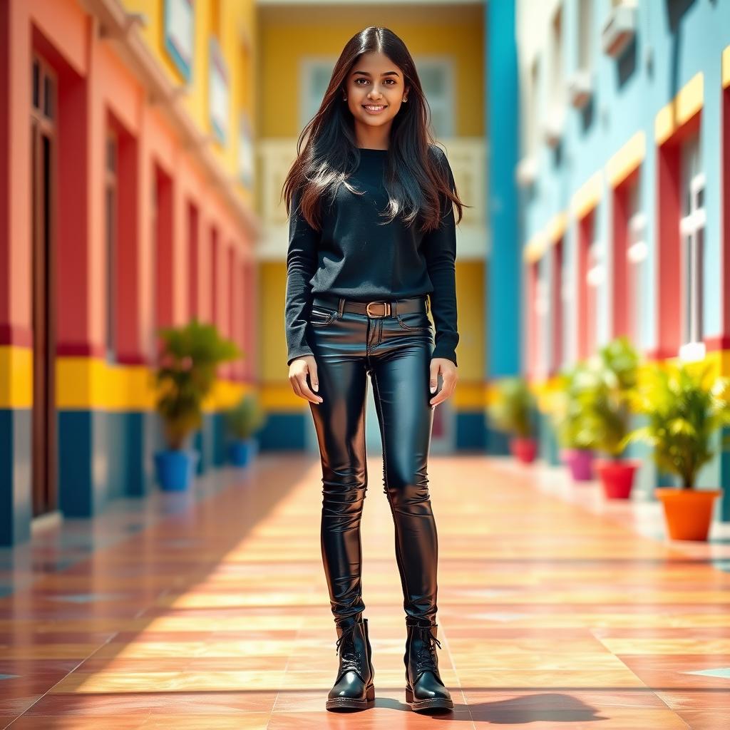 A 14-year-old Indian school girl dressed in tight latex leather jeans paired with stylish black boots