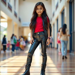 A fashionable 14-year-old Indian school girl wearing tight, shiny latex leather jeans and stylish black boots