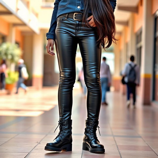 A fashionable 14-year-old Indian school girl wearing tight, shiny latex leather jeans and stylish black boots