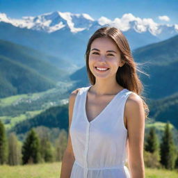 An elegant girl with a radiant smile, standing in front of a breathtaking panorama of nature, complete with lush forests, clear blue skies, and mountain peaks.