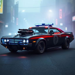 The Enforcer, a sleek and heavily-armored police sedan, combines vintage muscle car aesthetics with cutting-edge technology