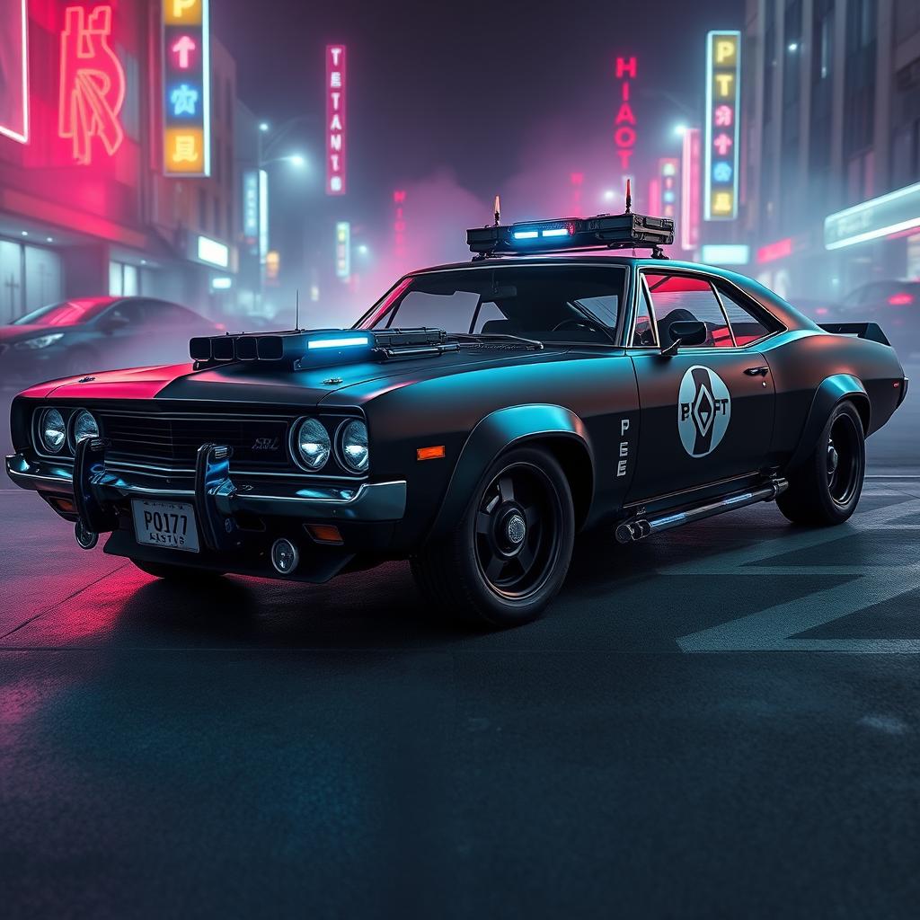 The Enforcer, a sleek and heavily-armored police sedan, combines vintage muscle car aesthetics with cutting-edge technology