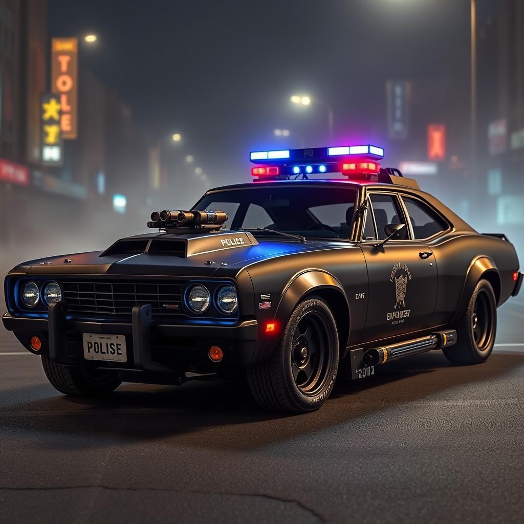 The Enforcer, a sleek and heavily-armored police sedan, combines vintage muscle car aesthetics with cutting-edge technology