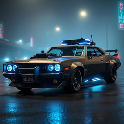 The Enforcer, a sleek and heavily-armored police sedan, combines vintage muscle car aesthetics with cutting-edge technology