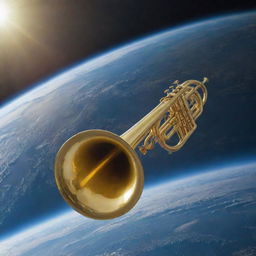 Planet Earth seen from space with a large, golden trumpet floating mysteriously above it