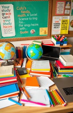 A collection of study materials for 10th grade students, including colorful textbooks, notebooks, and educational tools spread across a desk