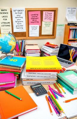 A collection of study materials for 10th grade students, including colorful textbooks, notebooks, and educational tools spread across a desk