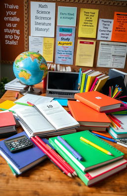 A collection of study materials for 10th grade students, including colorful textbooks, notebooks, and educational tools spread across a desk