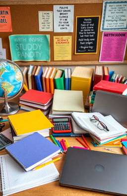 A collection of study materials for 10th grade students, including colorful textbooks, notebooks, and educational tools spread across a desk