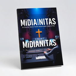 A modern and eye-catching book cover design for 'MiDIAnitas' featuring a dynamic church media studio atmosphere