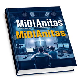 A modern and eye-catching book cover design for 'MiDIAnitas' featuring a dynamic church media studio atmosphere