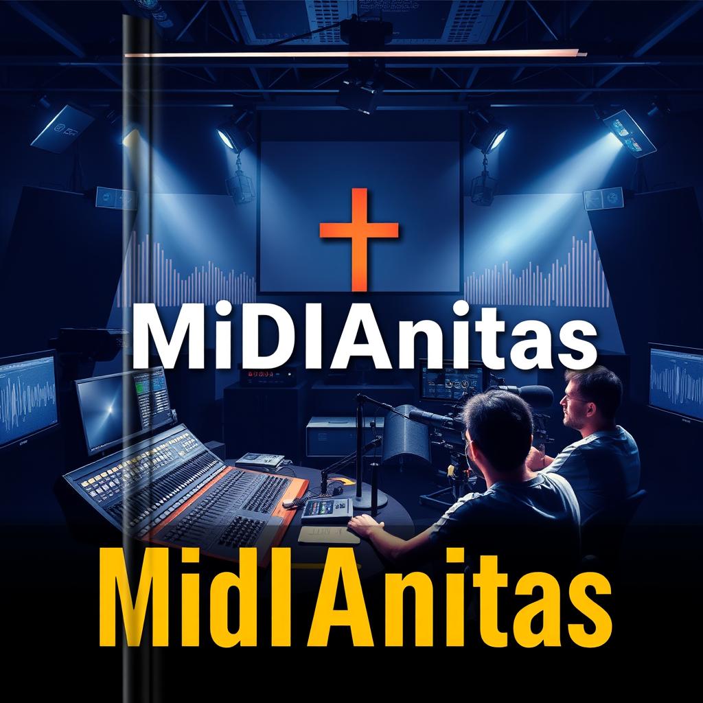 A modern and eye-catching book cover design for 'MiDIAnitas' featuring a dynamic church media studio atmosphere