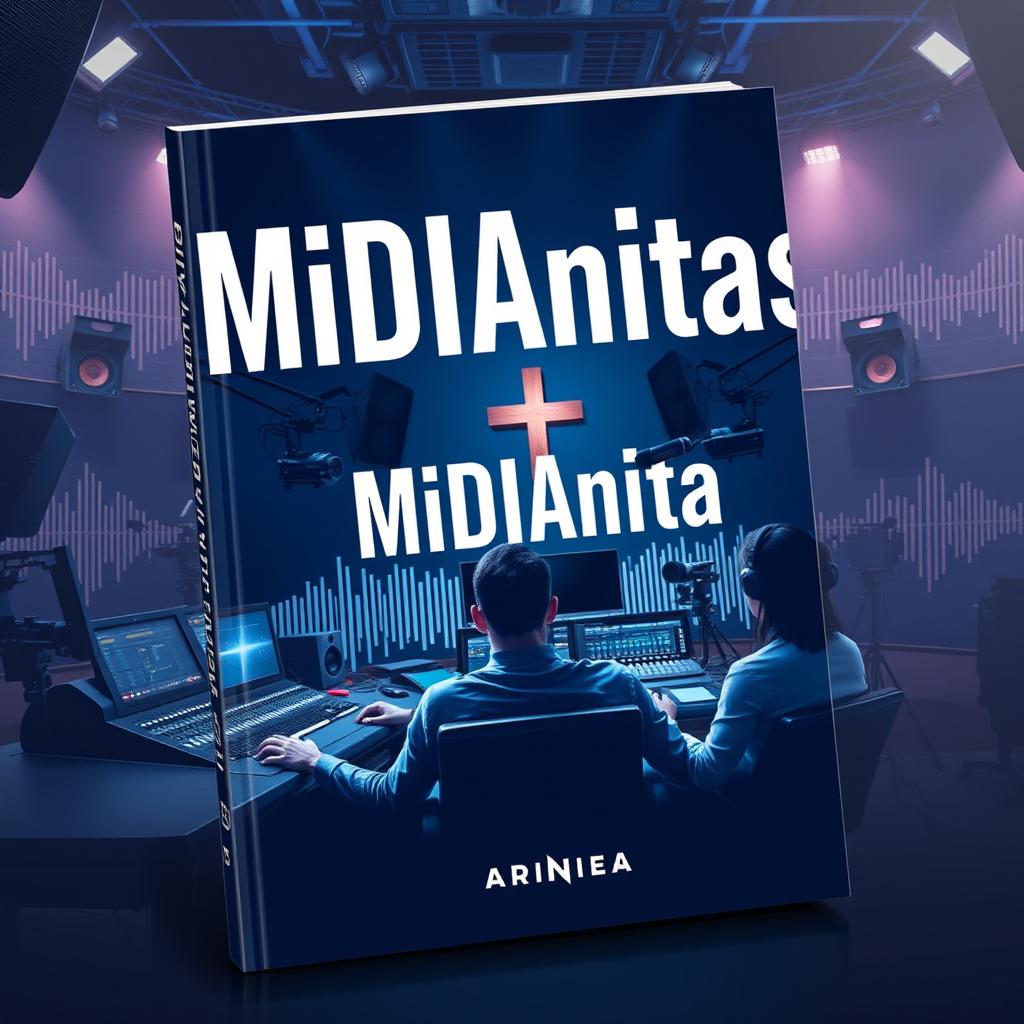 A modern and eye-catching book cover design for 'MiDIAnitas' featuring a dynamic church media studio atmosphere