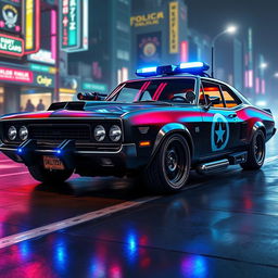 A futuristic Enforcer police sedan, combining vintage muscle car design with modern technology