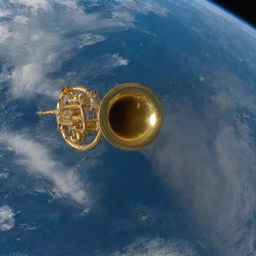 Planet Earth seen from space with a large, golden trumpet floating mysteriously above it