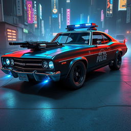 A futuristic Enforcer police sedan, combining vintage muscle car design with modern technology