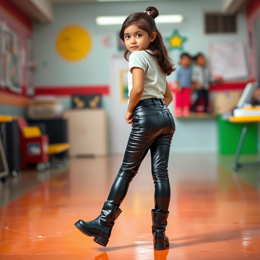 A young Indian school girl wearing shiny tight black latex leather jeans and stylish black boots, showcasing a playful and cute appearance