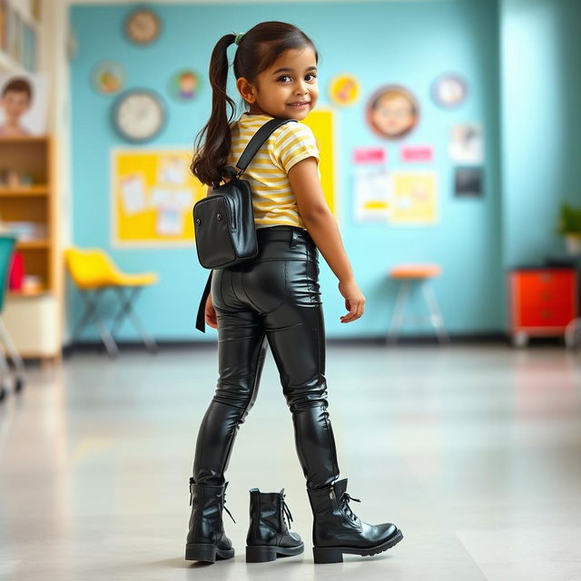 A young Indian school girl wearing shiny tight black latex leather jeans and stylish black boots, showcasing a playful and cute appearance