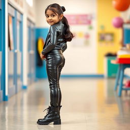 A young Indian school girl wearing shiny tight black latex leather jeans and stylish black boots, showcasing a playful and cute appearance