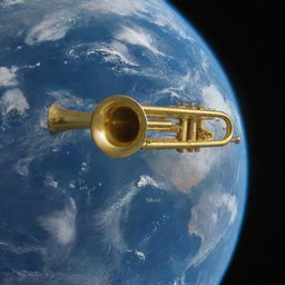 Planet Earth seen from space with a large, golden trumpet floating mysteriously above it