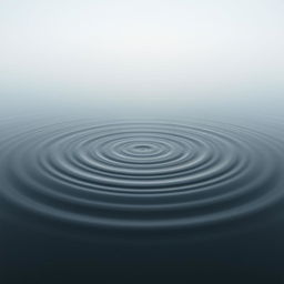 A photorealistic image of concentric ripples spreading across a calm body of water, under a soft, hazy, blue-grey sky