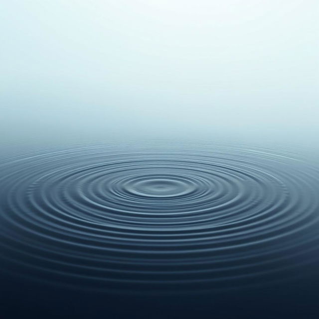 A photorealistic image of concentric ripples spreading across a calm body of water, under a soft, hazy, blue-grey sky