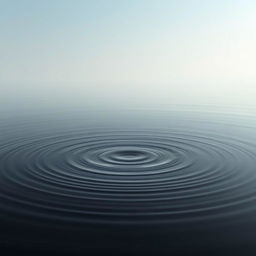 A photorealistic image of concentric ripples spreading across a calm body of water, under a soft, hazy, blue-grey sky