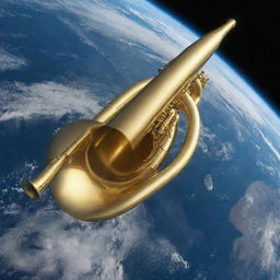 Planet Earth seen from space with a large, golden trumpet floating mysteriously above it